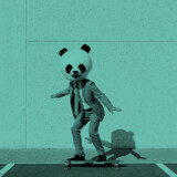 Storytelling image of a couple wearing giant panda head and colored suits. Man and woman making party in a parking lot.